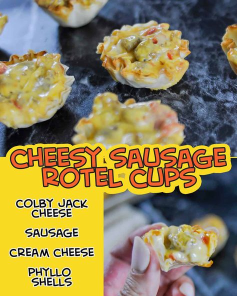 This recipe for Cheesy Sausage Rotel Cups combines the flavors of spicy sausage, Rotel tomatoes, Colby Jack cheese, and Velveeta in crispy mini phyllo shells. These are individual-serving appetizers with lots of texture and spicy flavor! Rotel Cups Appetizers, Rotel Cups, Phyllo Shells, Rotel Recipes, Indulgent Recipes, Instant Pot Freezer Meals, Phyllo Cups, Rotel Tomatoes, Appetizers For A Crowd