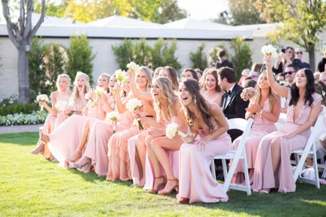 I like the Bridesmaids sitting for the wedding ceremony after the processional and then they can get back up for the recessional Outdoor Beach Wedding Reception, Rosewood Miramar, Rosewood Wedding, Outdoor Beach Wedding, Wedding Processional, Bridal Parties Colors, Mindy Weiss, Church Wedding Ceremony, Beach Wedding Reception