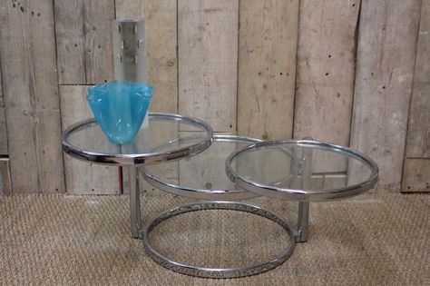 A very stylish 1970s chrome coffee table, with adjustable glass shelves. 1940 Interior Design, Adjustable Coffee Table, Chrome Coffee Table, Circle Coffee Tables, Design Coffee Table, Bronze Coffee Table, Tiled Coffee Table, Antique Dining Tables, Low Coffee Table