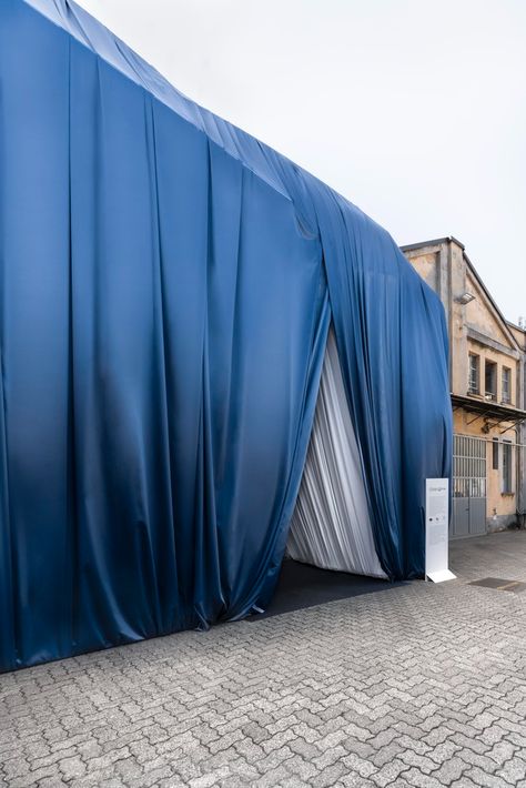 Gallery of Silk Faw Installation / Outline Collective - 3 Fabric Waves Ceiling, Blue Fabric Installation, Sheer Fabric Installation, Luxury Blue Silk Fabric, Curtain Installation, Pop Up Store, Public Art, Exhibition Design, Event Design