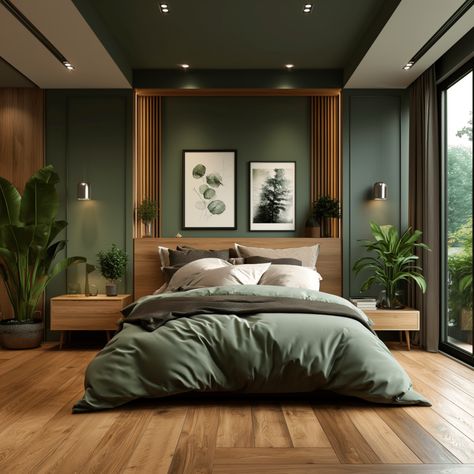 Green Accent Room Ideas Bedroom, Relaxing Green Bedroom Ideas, Evergreen Bedroom Ideas, Bedroom Accent Wall Green, Luxury Green Bedroom, Green Wood Bedroom, Calming Bedroom Ideas Inspiration, Evergreen Bedroom, Green Bedroom Accent Wall