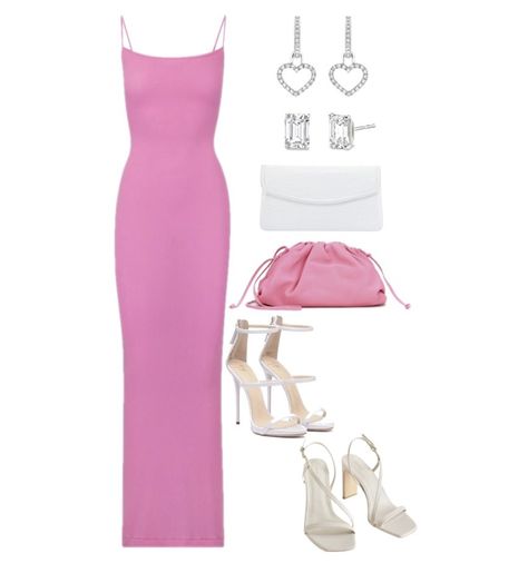 Pink Dress And White Heels, Pink Dress Valentines Day Outfit, Pink Skims Dress Outfit, Matching Valentines Day Outfit, White Dress Pink Heels, Pink Heels Outfit Dresses, Pink Valentines Outfit, Pink Formal Outfit, Skims Dress Outfit Ideas