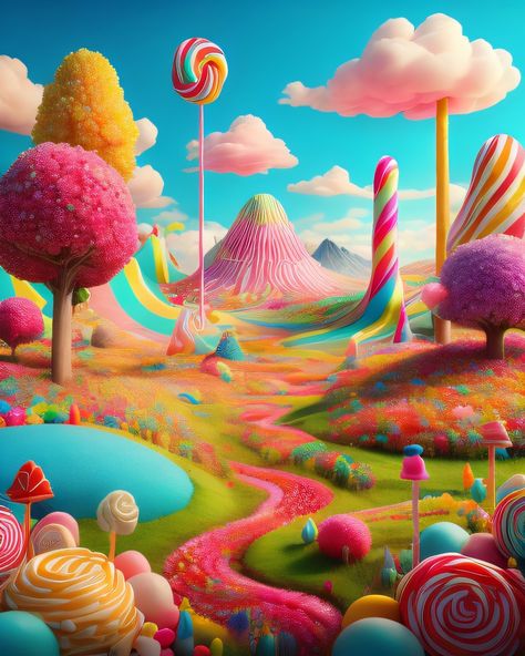 Fantasy Land Painting, Candy Forest, Candy Garden, Candy Mountain, Candy Landscape, Candyland Background, Candy Land Background, Candy Land Aesthetic, Candyland Art