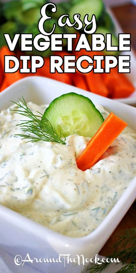 Easy Vegetable Dip Recipe in a white bowl, with a cucumber slice, carrot stick and dill stuck in the top, with writing Easy Vegetable Dip Recipe, Easy Vegetable Dip, Easy Spinach Dip Recipe, Knorr Vegetable Dip, Crockpot Holiday Recipes, Easy Spinach Dip, Recipes With Diced Tomatoes, Vegetable Dip Recipe, Veggie Dip Recipe