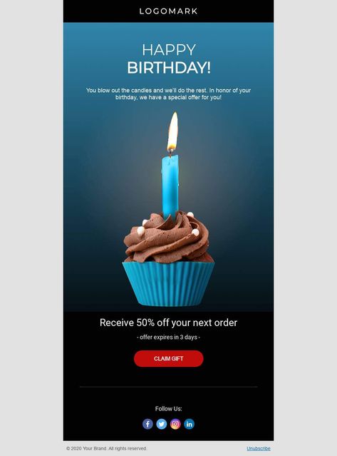 Customize this email design template with your content and send it to your mailing list for free! BEE is the easiest and quickest way to design elegant, mobile responsive emails, starting from scratch or from our 370+ ready-to-use templates. Try our BEE editor for free at the link above. (No signup required) #emaildesign #emailtemplate #birthday #emailbirthday   Designed by Derek Brumby Black And Blue Birthday Cake, Birthday Candle Template, Happy Birthday Email, Email Greetings, Professional Email Templates, Mailing Design, Candle Template, Edm Design, Blue Birthday Cakes