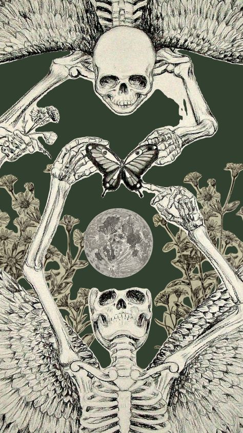 #Folklore #Green #Sage #skeleton #Moon #Flowers #Gremlincore Gremlincore Wallpaper, Sage Asthetic, Two Skeletons, Moon Flowers, Dark Green Wallpaper, Sage Green Wallpaper, Gothic Wallpaper, Iphone Wallpaper Hipster, Emo Wallpaper