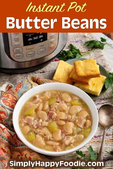 Instant Pot Butter Beans or Large Lima Beans are delicious, cooked with bacon and delicious seasonings. Pressure cooker butter beans are a one-pot meal. simplyhappyfoodie.com, instant pot lima beans, large white beans instant pot, instapot white beans Large Lima Beans Instant Pot, Lima Beans In Instant Pot, Lima Beans Instant Pot, Instant Pot Butter Beans, White Beans Instant Pot, Southern White Beans Recipe, Instant Pot Lima Beans, Lima Beans Recipe Southern, Cooking Lima Beans