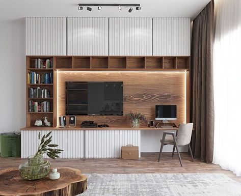 Living Room Library Ideas With Tv, Office Tv Room Combo, Home Office Tv Room Combo, Thrift Store Home Decor, Living Room Office Combo, Living Room Workspace, Living Room Wall Units, Eclectic Home Decor, Small Home Offices