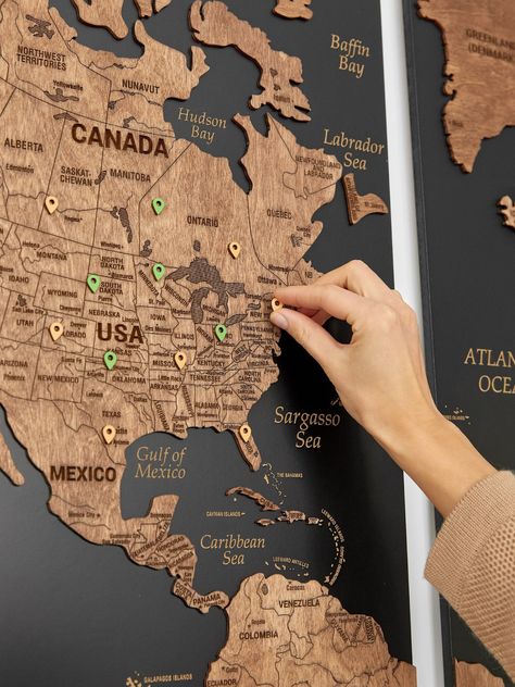 Wood World Map Push Pin  📍 The best way to mark all your travels 📍 Free personalization (add rose of wind or personalized element - photo 9) 📍 Best quality wood 📍 Ready to hang (special hangers with dowels for several types of walls included) 📍 Gorgeous 3D effect, because of multiple layers 📍 Several types of map 📍 Perfect sizes variations 📍 150 FREE pins (ball push pins for cork type; geolocation sticky pins for plywood type) Our map is unique, as is done from wood, base is beautifully World Travel Map, Wood World Map, Push Pin Map, Wood Map, Wall Art Hanging, World Map Wall Art, Travel Map, World Map Wall, 5th Anniversary