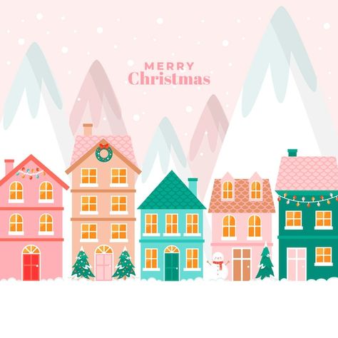 Christmas Village Watercolor, Christmas Houses Illustration, Winter Village Illustration, Christmas Village Drawing, Christmas Village Background, Christmas Town Illustration, Christmas Village Painting, Christmas Village Illustration, Work Moodboard