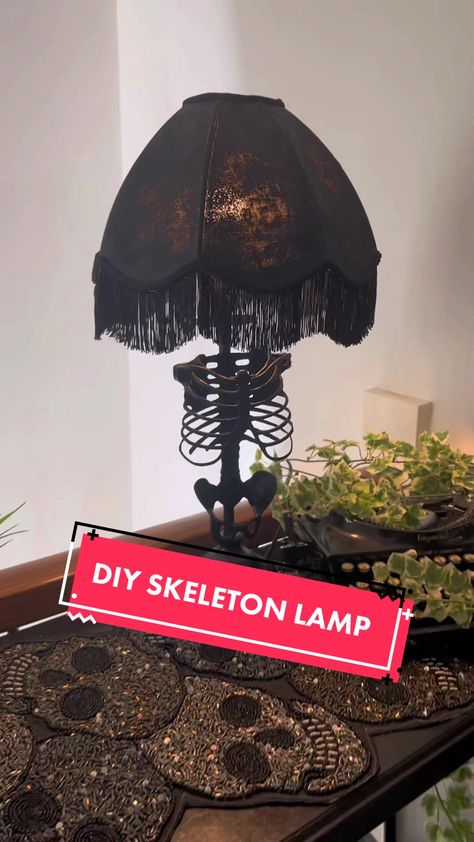 Diy Skeleton Lamp, Goth Diy Crafts, Diy Gothic Decor, Goth Lamp, Skeleton Lamp, Gothic Diy Decor, Gothic Diy, Gothic Lamp, Lamp Redo