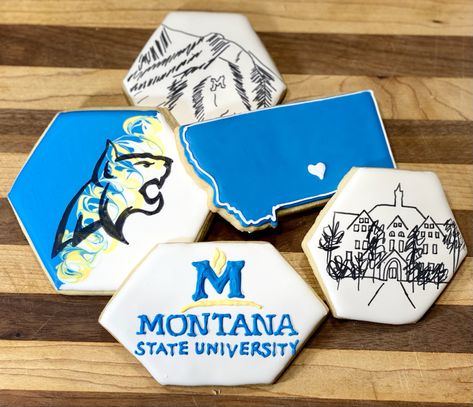 MSU, Montana, Bozeman cookies sugar cookies Montana Cookies, Montana Bozeman, College Cookies, College Grad Party, Montana State University, Sugar Cookie Decorating, Montana State, Cookies Sugar, Fancy Cookies