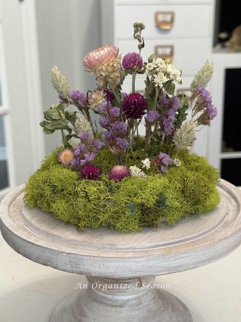 How to Make a Dried Flower Arrangement in a Cloche - An Organized Season Wood Flower Wreath, Ribbon Wreath, Diy Vase, Dried Floral, Floral Display, Dried Flower, Flower Wreath, Flower Arrangement, Diy Inspiration