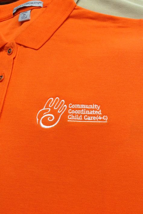 #Embroidered Community Coordinated Child Care #logo looks great. The logo really stands out on these orange #shirts. Contact us at www.printex-usa.com or give us a call at 800-642-4949 to get started. Trendy Cotton T-shirt With Embroidered Logo, Cotton T-shirt With Embroidered Logo For Sports, Child Care Logo, Cotton Collared T-shirt With Embroidered Logo, Orange Cotton T-shirt With Text Print, Cotton Polo T-shirt With Embroidered Logo, Care Coordination, Logo Company, Orange Logo