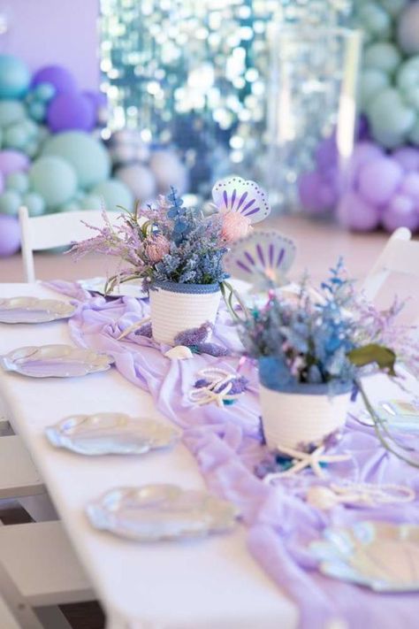 Mermaid Theme Party Table Decorations, Mermaid Party Table Runner, Mermaid Party Table Centerpieces, Mermaid Party Decorations Table, Mermaid Birthday Table Decorations, Mermaid First Birthday Decorations, Mermaid Flower Centerpiece, Mermaid Center Piece Ideas, Mermaid Theme Table Set Up