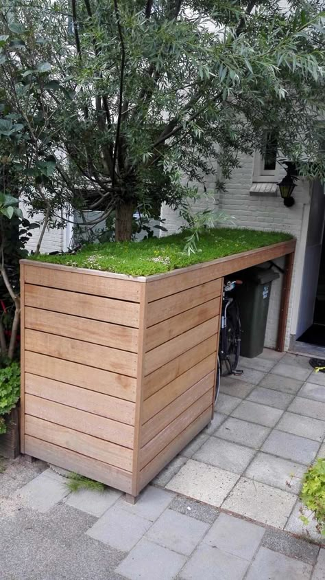 A Raised Planter with Hidden Storage #shed #garden #decorhomeideas Yard Sheds, Garbage Storage, Living Roofs, Small Sheds, Bin Storage, Bin Store, Bike Shed, Shed Ideas, Pergola Patio