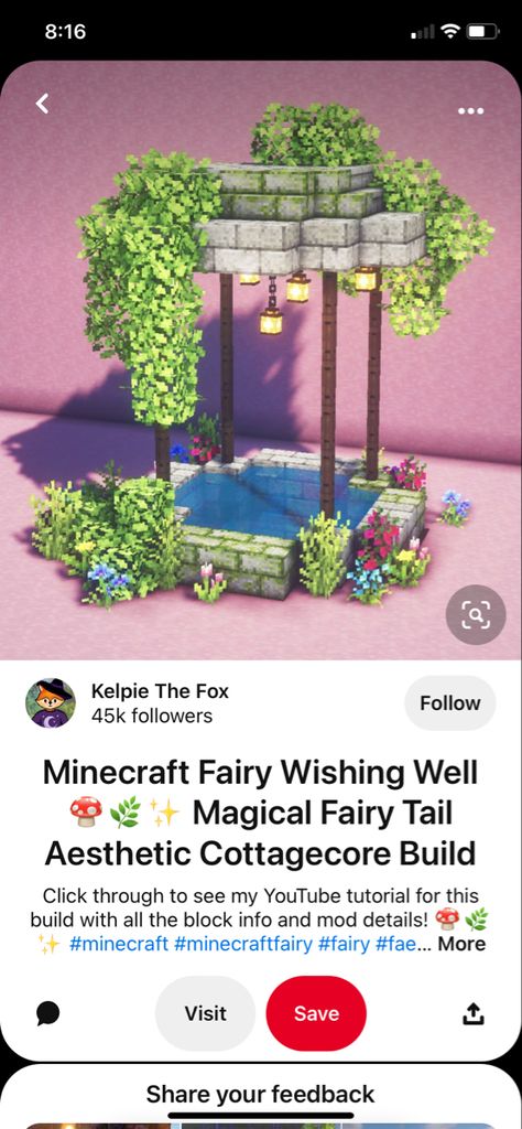 Cool Minecraft Fountains, Easy Minecraft Fountain, Wishing Well Ideas Minecraft, Cottagecore Fountain Minecraft, Fountains In Minecraft, Cute Minecraft Fountain Ideas, Minecraft Wishing Well Cottage Core, Cute Small Minecraft Houses Cottage, Minecraft Village Square Ideas