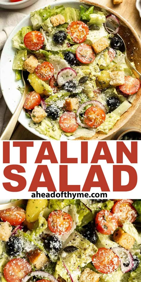 This Simple Italian Salad is fresh, delicious, and flavorful. It is loaded with fresh veggies and lightly tossed in homemade dressing, and ready in just 10 minutes. Serve this Olive Garden copycat with your favorite Italian recipes — and don't forget the Garlic Breadsticks! I think we've all had that moment at Olive Garden when we want to eat the salad more than the pasta! It's become our go-to side salad for almost any meal! | aheadofthyme.com #italiansalad #olivegardensalad via @aheadofthyme Simple Italian Salad, Seafood Noodles, Healthy Teas Recipes, Italian Cooking Class, Italian Salads, Yum Salad, Olive Garden Salad, Italian Salad Recipes, Olive Garden Copycat