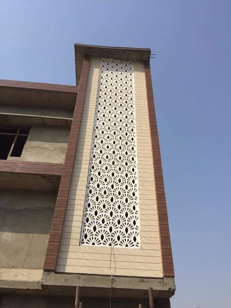 Cnc Front Elevation Design, Mumty Design House, Pvc Jali Design Exterior, Grill Cnc Design, Headroom Elevation Design, Staircase Tower Design Exterior, Wpc Jali Design Exterior, Elevation Jali Design, Mdf Jali Design Front Elevation