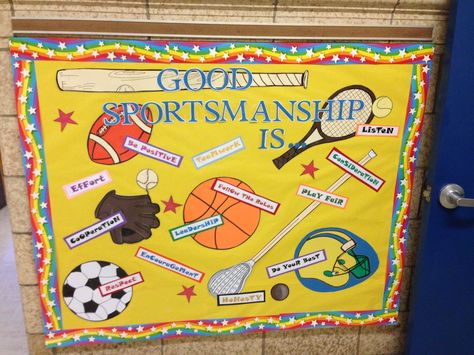 Teamwork sportsmanship physical education bulletin board. Recess Bulletin Board Ideas, Recess Bulletin Board, Sportsmanship Bulletin Board Ideas, Pe Display Boards, Physical Education Decorations, Pe Bulletin Board Ideas, Sport Bulletin Board Ideas For School, Physical Education Bulletin Board Ideas, Pe Bulletin Boards Elementary