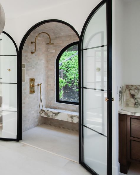 Dagan Design & Construction Inc / Dagan Koffler | Indulge in the ultimate shower experience here with a curbless steam shower which features brass details, zellige tile throughout, a… | Instagram Arched Shower Door, Bathrooms Luxury Modern, European Bathroom, Beautiful Master Bathrooms, Master Bath Remodel, Bathroom Inspiration Decor, I Am Loving, Shower Door, Ranch House