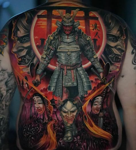 105 Super Realistic Tattoos That Are Purely Amazing Samurai Tattoo Sleeve, Samurai Warrior Tattoo, Japanese Back Tattoo, Backpiece Tattoo, Hyper Realistic Tattoo, Spartan Tattoo, Upper Back Tattoos, Full Tattoo, Samurai Tattoo Design