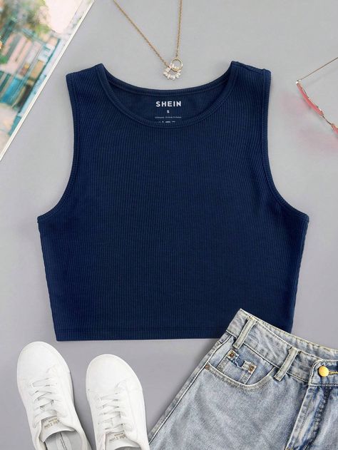 SHEIN Essnce Solid Crop Tank Top | SHEIN USA Blue Tank Top Outfit, Navy Blue Crop Top, Top Azul, Blue Cami, Light Blue Top, Tank Top Outfits, Cute Preppy Outfits, Women Tank Tops, Crop Tank Top