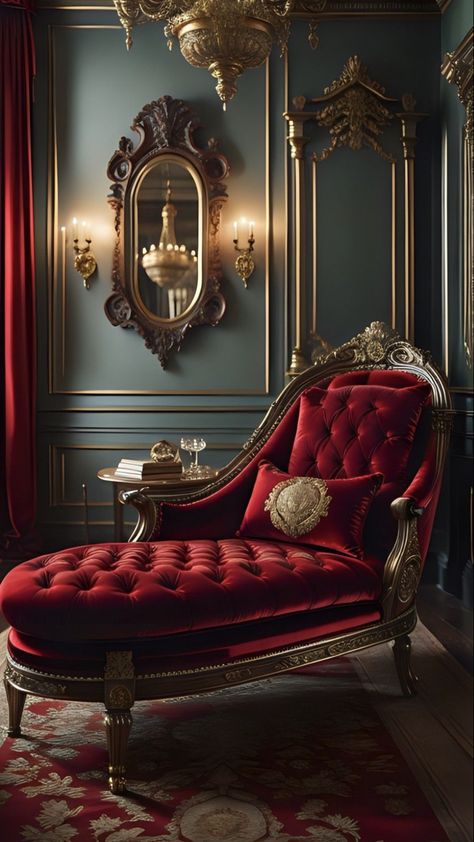 Baroque Decor Bedroom, Baroque Design Interior, Baroque Living Room, Ornate Chandelier, Baroque Interior Design, Red Velvet Sofa, Red Living Room Decor, Royal Bedroom Design, Lavish Living Room