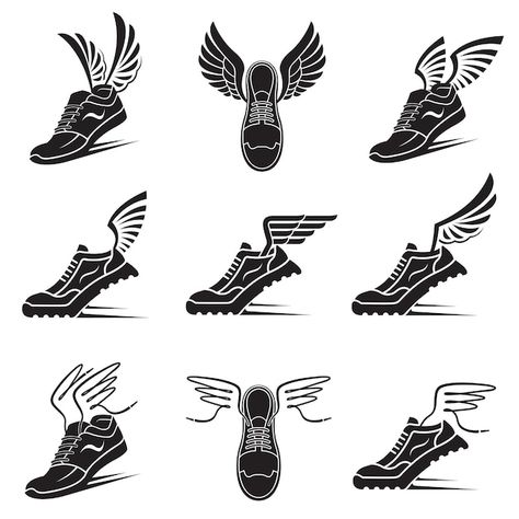 Vector winged sport shoes icons | Premium Vector #Freepik #vector #cartoon-shoes #sneaker-logo #shoes-illustration #shoes Asa Logo, Shoes With Wings, Walking Challenge, Hypebeast Wallpaper, Black Phone Wallpaper, Wing Shoes, Wings Logo, Vector Photo, Premium Vector