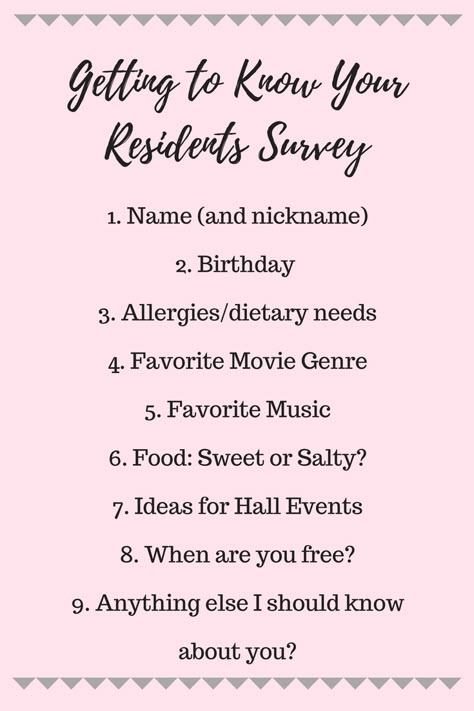 Getting to know your residents is key to planning a successful hall event. The more you know about your residents, the more you can tailor the event to fit their interests and needs. Dorm Programs Res Life, Resident Council Meeting, Resident Director College Res Life, Resident Engagement Ideas, Resident Hall Events, Res Life Programs Activities, Dorm Event Ideas, Bsu Event Ideas, Residence Hall Events