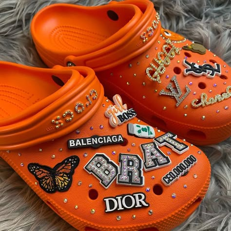 Designer Crocs, Orange Crocs, Crocs With Charms, Bedazzled Shoes Diy, Bedazzled Shoes, Pink Crocs, Crocs Fashion, Custom Shoes Diy, Dr Shoes