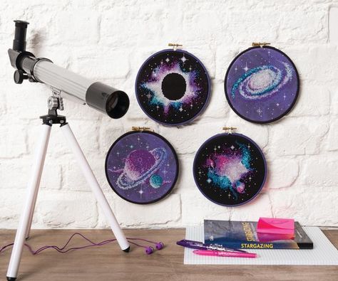 "Galaxy Hoops" The unique Galaxy twirl fabric to enhance any "space" design! order yours with Silver Sparkles to achieve the best look! Project stitched on galaxy twirl 14ct aida 30x30cm(each) and 14ct Black Aida 30x30cm(each) Galaxy hoops fabric Galaxy Cross Stitch, Galaxy Cross, Embroidery Book, Funky Design, Cross Stitch Animals, Modern Cross, Bright Designs, Cross Stitching, Modern Cross Stitch