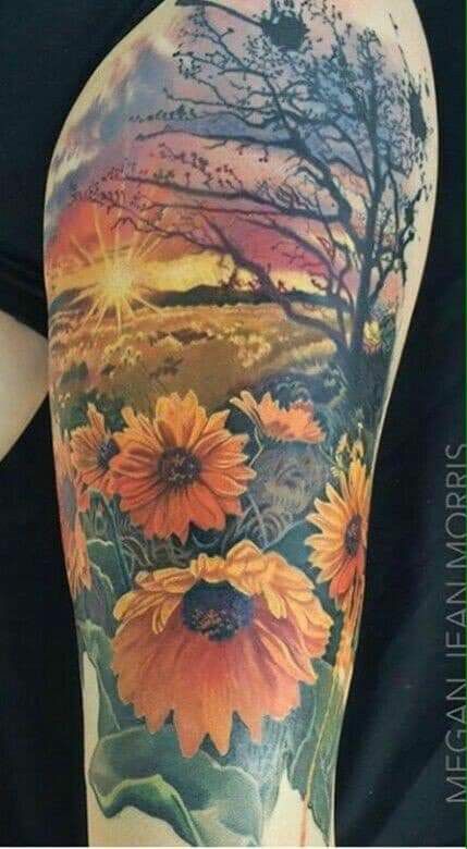 Outdoors Tattoos For Women, Watercolor Sunflower Tattoo, Sunflower Tattoo Thigh, Men Sketch, Interesting Tattoos, Sunflower Tattoo Sleeve, Sunflower Tattoo Shoulder, Marquesan Tattoos, Theme Tattoo