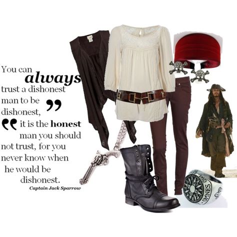 Jack Sparrow, created by forever-inspired on Polyvore-I LOVE LOVE LOVE this!!! I would wear it any day of the week and Halloween time. Savvy? I would like better boots and the skull should be a cuff bracelet and the earrings could look like his hair beads hanging down. I dig the quote too. Jack Sparrow Disneybound, Dreadlock Ideas, Disney Gear, Compass Ring, Big Girl Dresses, Movie Inspired Outfits, Disney Bound Outfits, Fandom Fashion, A Compass