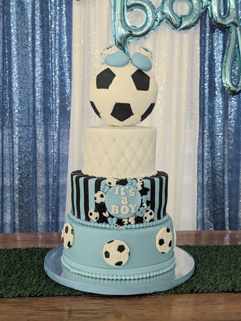 Soccer ⚽ baby shower cake / football ⚽ baby shower cake Soccer Gender Reveal Cake, Soccer Theme Baby Shower Ideas, Soccer Ball Gender Reveal Ideas, Soccer Baby Shower Ideas, Soccer Themed Gender Reveal Party, Baby Shower Soccer Theme, Argentina Soccer Birthday Cake, Soccer Baby Showers, Soccer Ball Cake