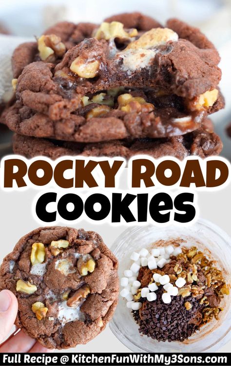 These Rocky Road Cookies are bursting with rich chocolate flavor. The combination of the chocolate with marshmallows and crunchy walnuts results in a chewy cookie that tastes exactly like the rocky road flavor combination. Rocky Road Cookies, Chocolate With Marshmallows, Drop Cookie Recipes, Marshmallow Cookies, Levain Bakery, Tummy Yummy, Cake Mix Cookie Recipes, Big Cookie, Gourmet Cookies