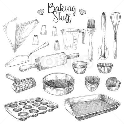 Baking Sketch Drawings, Baking Tools Drawing, Baking Drawing Reference, Baking Sketch, Baker Drawing, Recipe Stickers, Baking Tattoo, Baking Drawing, Digital Stamps Free