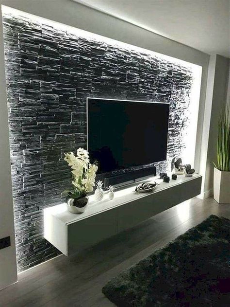 Modern Stone Wall, Wall Mounted Tv Stand, Mounted Tv Stand, Tv Wall Decor Ideas, Living Room Wall Designs, Studio Layout, Studio Apartment Divider, Tv Wall Decor, Studio Apartment Layout