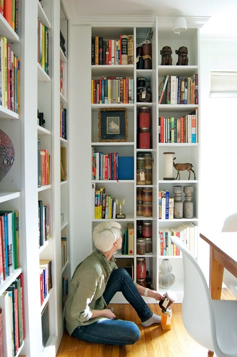 Library/dining room combo *with* *storage* Library Kitchen Combo, Dining Room And Kitchen Combo, Library Dining Room Combo, Dining Room Library Combo, Beautiful Bookcases, Tiny Library Room, Dining Room Bookshelves, Small Kitchen Dining Room Combo, Dining Library