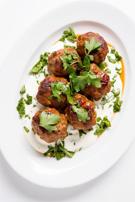 Savor the Exotic: Authentic Moroccan Kefta with Harissa and Mint Yogurt Recipe #mediterraneandiet Kefta Recipe, Moroccan Kefta, Ground Lamb Recipes, Harissa Sauce, Mint Yogurt Sauce, Greek Yogurt Flavors, Mint Yogurt, Yogurt Recipe, Ground Lamb