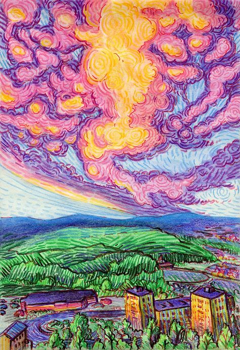 Sunset over the town drawing Pencil Colours Art, Color Pencil Sketch Ideas, Imagination Sketch, Draw With Colored Pencils, Nature Art Color Pencil, Color Pencil Ideas, Color Pencil Sky Drawing, Colorful Town, Abstract Colored Pencil