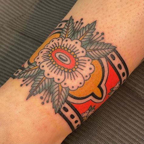 American Traditional Ankle Cuff Tattoo, Concho Tattoo, Floral Cuff Tattoo, Traditional Cuff Tattoo, Ankle Cuff Tattoo, Tattoo Cuff, Ryan Tattoo, Quilt Tattoo, Rooster Tattoo