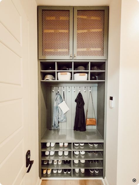 Closet Into Cubbies, Front Hall Closet Storage, Home Backpack Storage, Shoe Organization Coat Closet, Small Entry Nook Ideas, Functional Coat Closet, Front Entry Organization Ideas, Entry Closet Built In, Large Hall Closet Organization