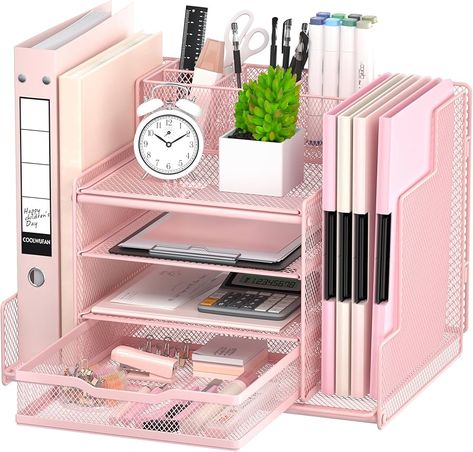 Amazon.com: VIVSOL Office Supplies Desk Organizer, Desk Organizers and Accessories with 2-File Organizer with Sliding Drawer Trays and Large Capacity Pen Holder (4-Tier Pink) : Office Products Pink Desk Decor, Pink Office Supplies, Desk File, Organizer Desk, Sliding Drawers, Pink Desk, Pink Office, File Organizer, File Holder