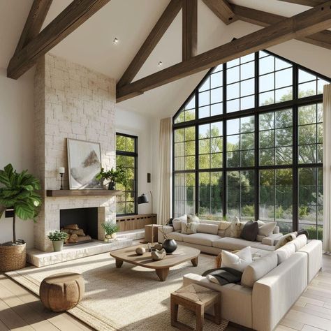 Tall Roof Living Rooms, Two Story Vaulted Ceiling Living Room, High Ceiling Living Room Farmhouse, Fireplace Two Story Living Room, House Design Interior Living Room, Wood Trim Living Room, Farmhouse Great Room, Great Room Ideas, Rustic Modern Living Room