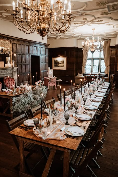 Eastwell Manor Wedding, Wedding Manor House, Manor House Wedding Reception, English Manor Wedding, Old House Wedding, Modern Manor House, Eastwell Manor, Wooden Tables And Chairs, Rustic Elegance Wedding