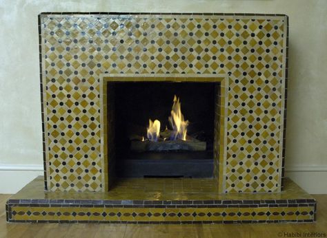 Fireplace Tiling, Moroccan Fireplace, Mosaic Tile Fireplace, Mosaic Fireplace, Tiling Ideas, Cottage Fireplace, 20s Art, Fireplaces Ideas, Fireplace Frame