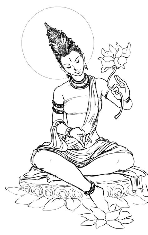 Green Tara Lineart by LOVE-mantra on DeviantArt Green Tara Mantra, Tara Goddess, Buddha Drawing, Buddhist Artwork, Buddhist Tattoo, Buddha Tattoo Design, Buddha Art Drawing, Buddha Tattoos, Goddess Tattoo