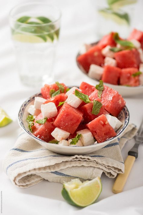 Watermelon With Feta Cheese, Salad With Mint, Feta Cheese Salad, Watermelon Feta Salad, Watermelon And Feta, Yummy Meals, Illustration Styles, Watermelon Salad, Feta Salad