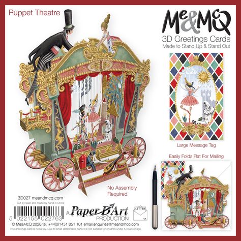 The Puppet Theatre: Is rolling into town with more than a dash of colour and a truly spectacular show. This beautiful travelling puppet theatre is sure to captivate and enchant. We are all longing to be able to return to the theatre again, either to perform or to see a favourite play or show and enjoy being part of the audience or players. We hope this beautifully illustrated card will inspire and delight. It is a laser cut Pop Up card with 'strings attached' and it is beautiful from every angle Paper Theatre, Puppet Theatre, Toy Theatre, A Night At The Opera, The Puppet, Puppet Theater, The Theatre, Pop Up Book, Stationery Accessories